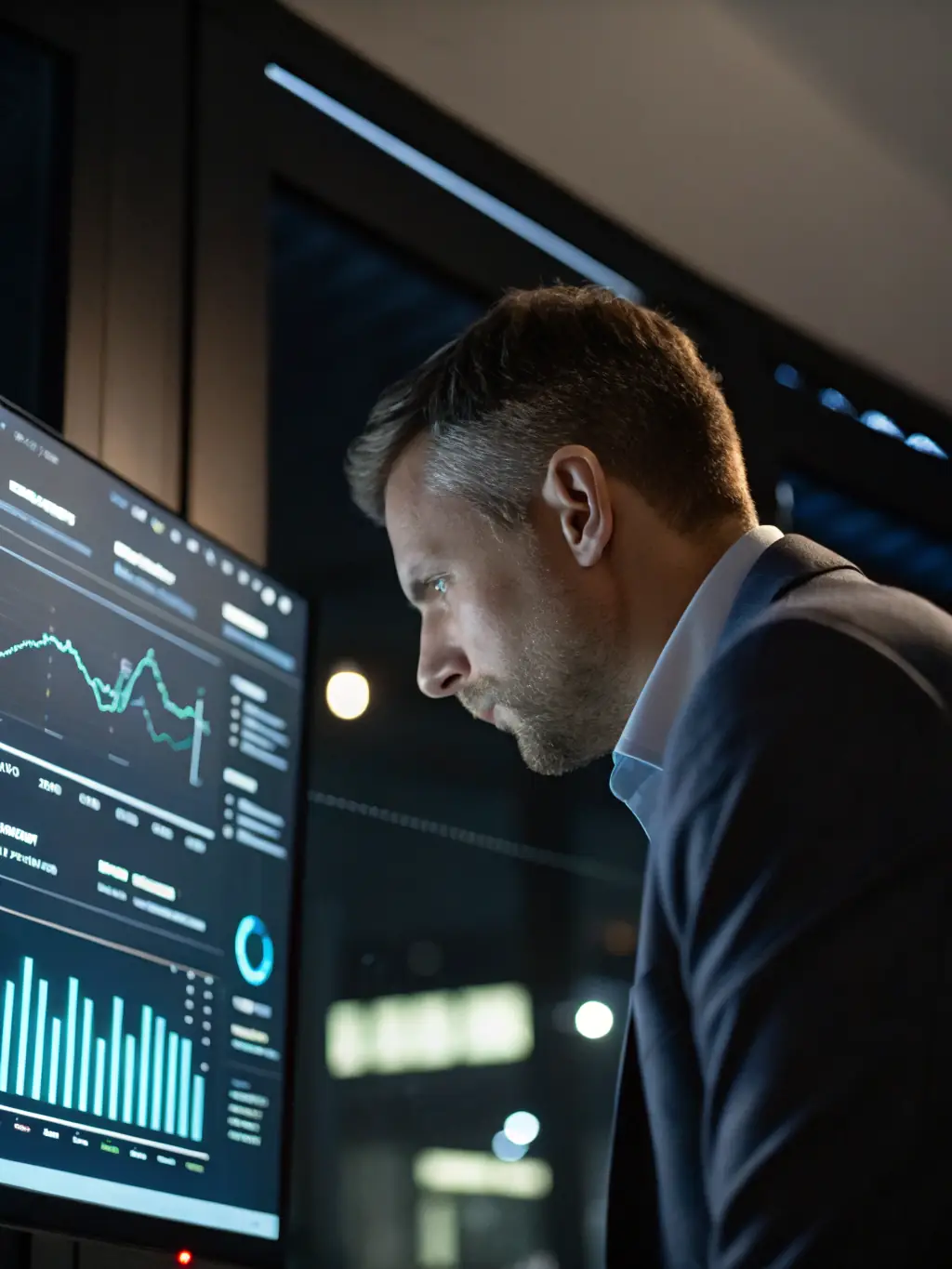An image of a business professional analyzing financial data on a digital dashboard with charts and graphs, representing Growing-Businesses.online's Financial Analytics service.