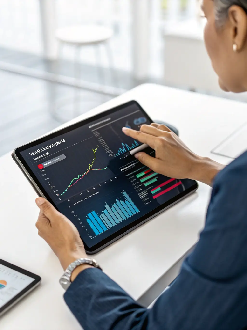 An image of a modern financial dashboard displayed on a tablet with charts and data points, showcasing Growing-Businesses.online's Financial Tools & Insights.
